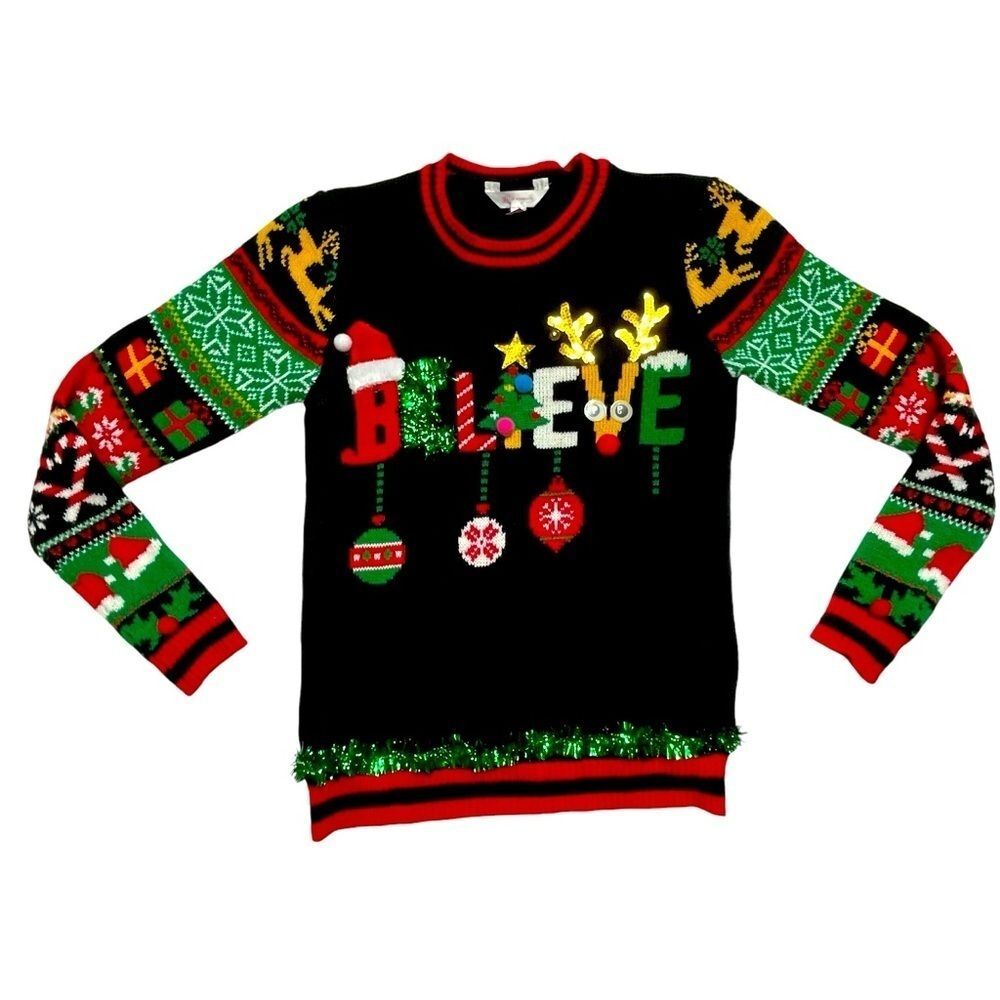 Ugly Christmas Sweater No Boundaries Tinsel Bells Sequins Black Juniors Size S